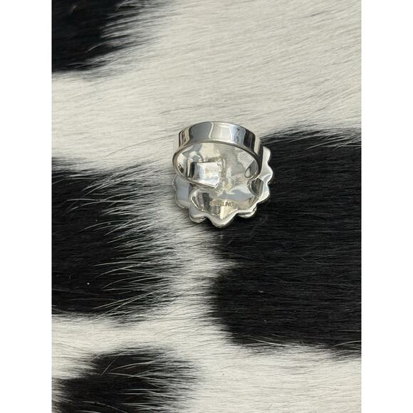 Native American Sterling Silver Red Coral Mother Pearl Cluster Flower Ring Adjst - Picture 6 of 13